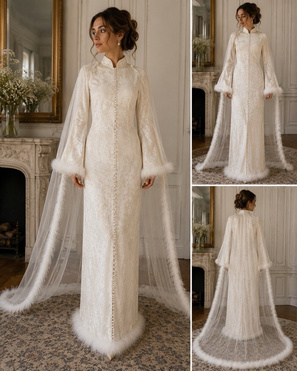 Vintage Ivory Crushed Velvet Feather Trim Winter Gown Cape Hollywood Dress M